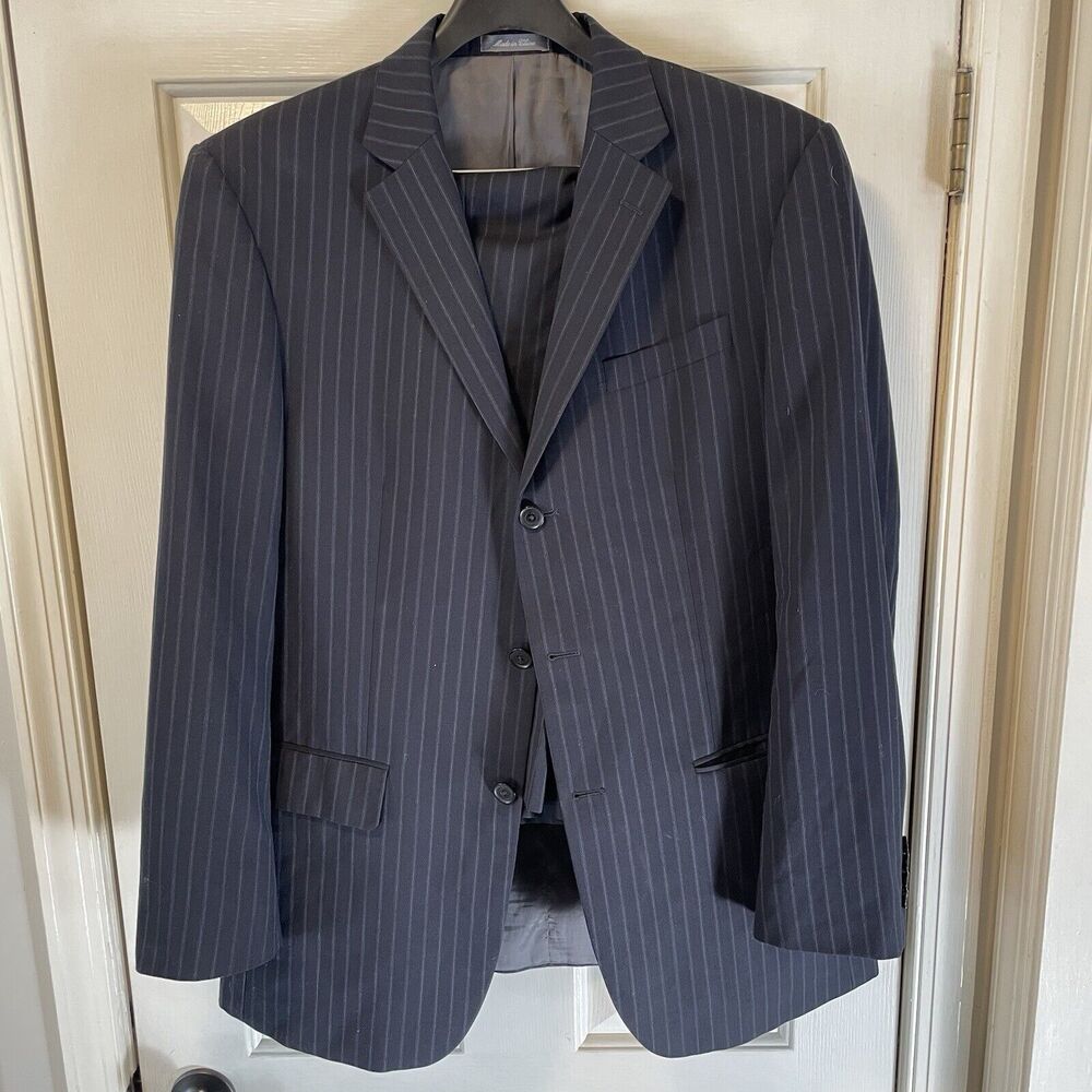 Oscar De La Renta 42L 100% Wool 2Pc Navy Pinstriped 3Btn Freedom Suit